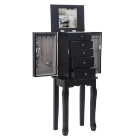 Standing Jewelry Armoire with Mirror, 5 Drawers & 6 Necklace Hooks, Jewelry Cabinet Chest with Top Storage Organizer , 2 Side Swing Doors(Black)
