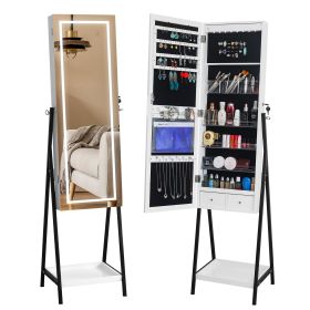 Full mirror wooden floor type with 1 shelf, 3-color led mirror lamp, 8 white interior lamp beads, jewelry storage mirror cabinet - white