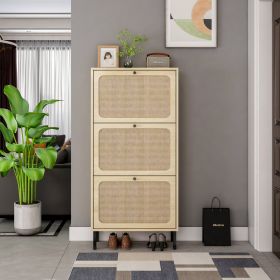 Natural Rattan 3 Door Shoe Rack, Freestanding Modern Shoe Storage Cabinet, for Entryway (Color: as Pic)