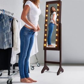 Mirrored Standing Jewelry Armoire Cabinet with LED Lights (Color: brown)