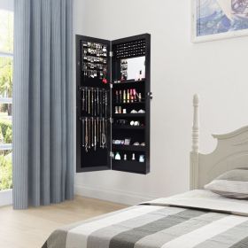 Lockable Wall Door Mounted Mirror Jewelry Cabinet with LED Lights (Color: Black)