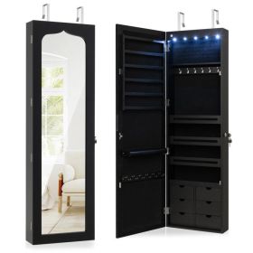 Lockable Wall Mounted Mirror Jewelry Armoire with 5 LEDs and 6 Drawers (Color: Black)