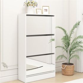 Narrow Shoe Storage Cabinet with Mirror, Wood Slim Shoe Rack 3 Tier Shoe Organizer for Home and Apartment, White (Color: as picture)